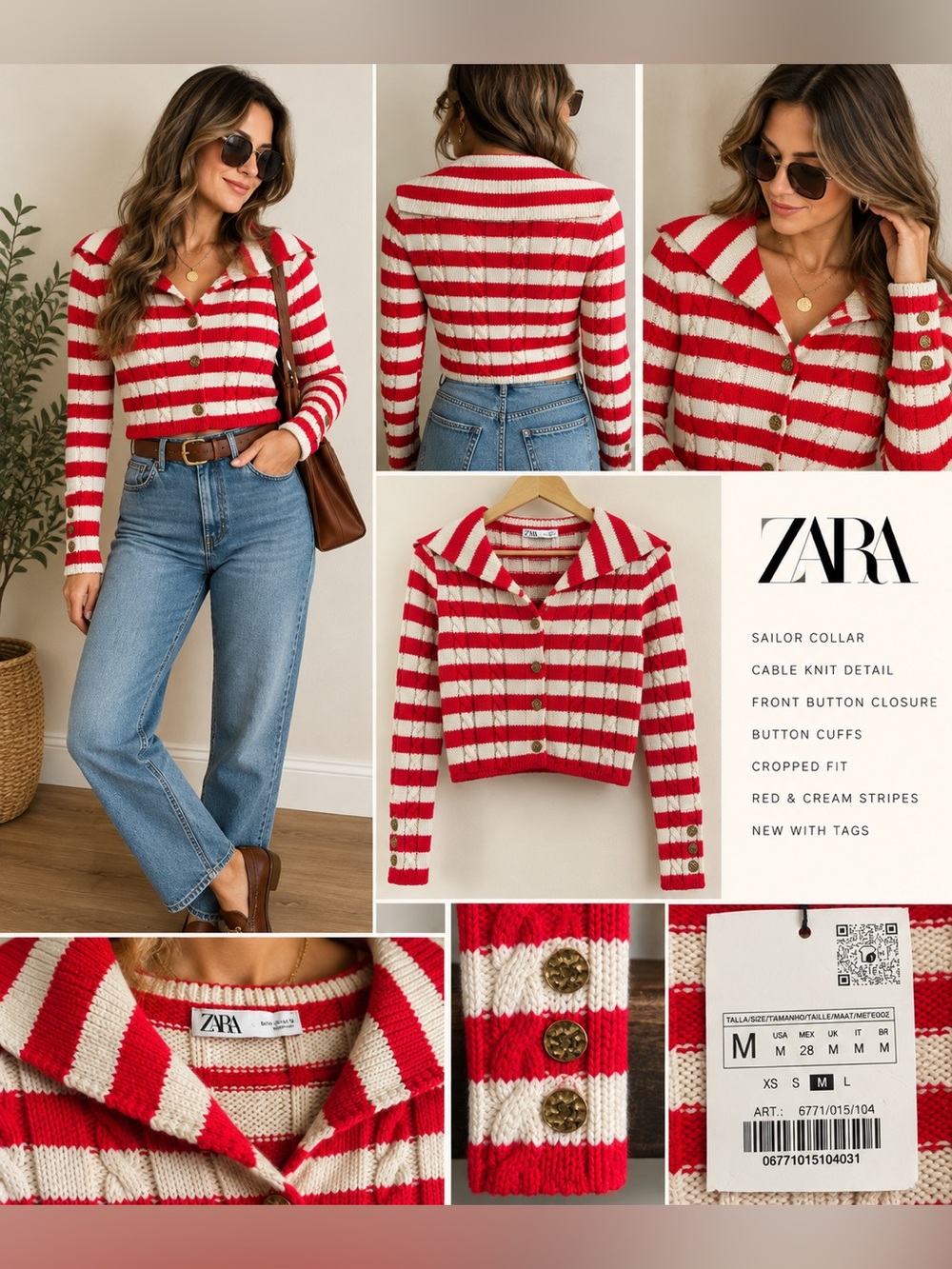 Zara NWT Red Cream Striped Cable Knit Sailor Collar Cardigan Size M